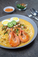 mie celor palembang served on a gray plate, a noodle dish from Palembang, South Sumatra, that uses a thick, savory broth made from coconut milk and shrimp stock. indonesia food