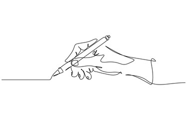 Continuous one line drawing of Hand holding ball pen vector illustration. Isolated on transparent background