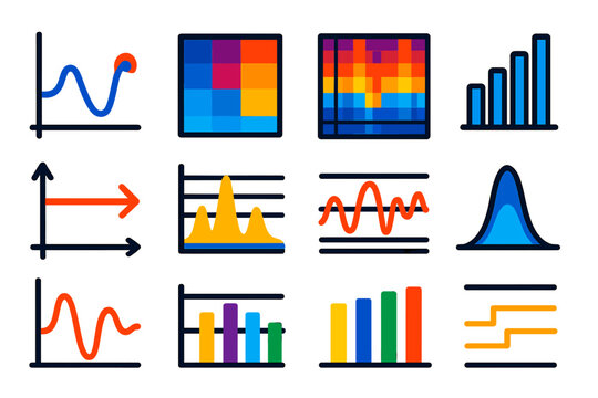 Modern Spectrogram Icons. Flat vector icons of Spectrogram Studies: frequency chart, color heatmap, spectrogram grid, audio bar