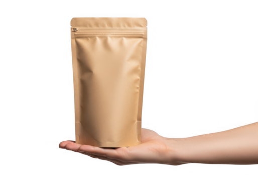 Hand holding brown paper bag for product packaging