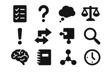 Cognitive Bias Icons. Solid style icons of cognitive biases and decision making: checklist, question mark, thought bubble, scales,