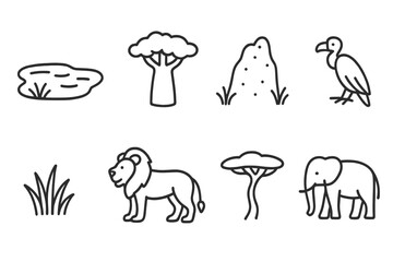 Savanna Icon Illustrations. Line style icons of Savanna: Watering Hole, Baobab Tree, Termite Mound, Vulture, Grass Tuft, Lion,
