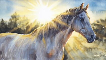 Graceful equine portrait illuminated by brilliant sunburst in outdoor setting