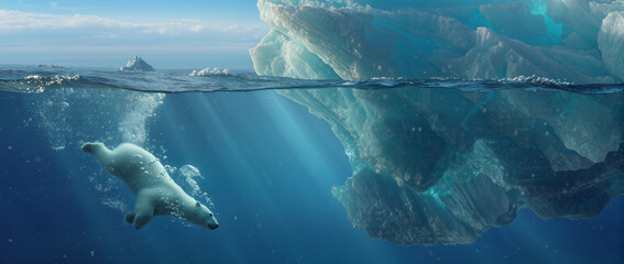 Polar bear swimming underwater near iceberg in Arctic ocean with sunlight rays above surface.