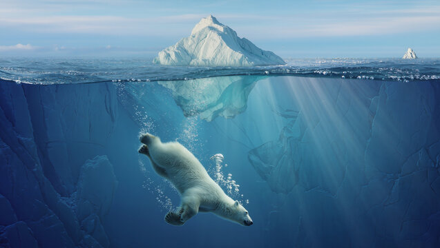 Polar bear swimming underwater near iceberg in Arctic ocean with sunlight rays above surface.