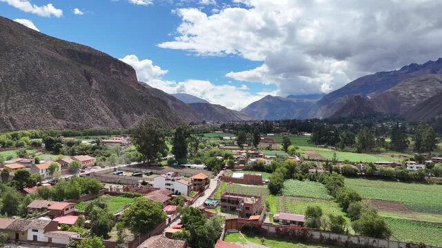 Aerial view of Yucay, a peaceful Andean town with fertile fields and mountain backdrop in the heart of the Incas' Sacred Valley