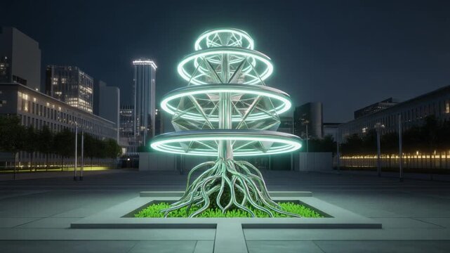 Geometric Seed Grows Into Glowing Structure Modern City Square