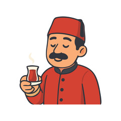 Man enjoying hot tea. Traditional waiter wearing red uniform. Turkish man relaxing with drink.