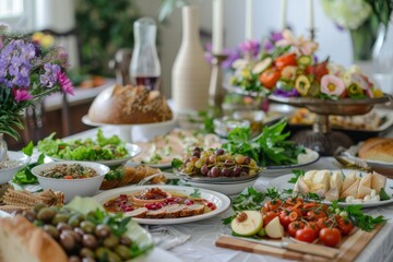 Colorful food spread on a dining table