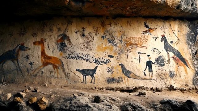 Acoma cave paintings, a testament to ancient Mesoamerican artistry, set against a backdrop of a rocky terrain.