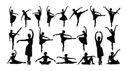 Ballet dancer silhouettes in various poses isolated on transparent background, Vector