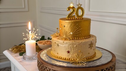 Luxury Two-Tier New Year Cake with Metallic Gold Icing and Candle