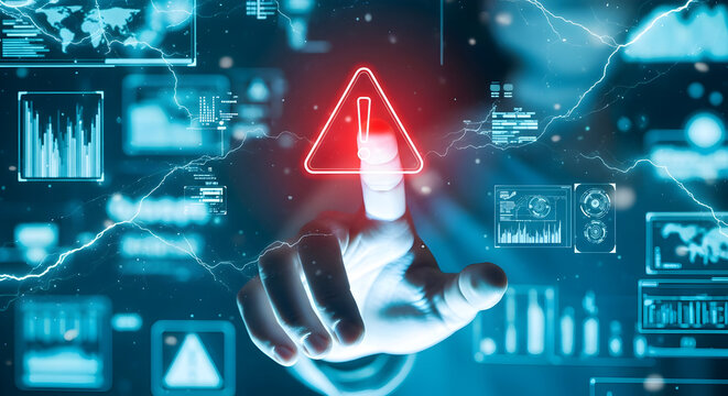 Urgent cyber security alert displayed on a holographic interface, with a human hand pointing to a critical data breach warning, signifying digital risk management
