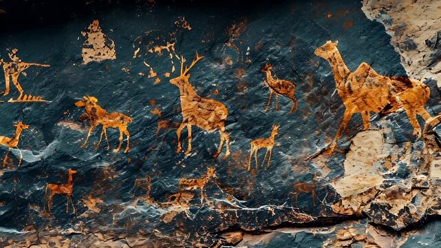 Aurora Borealis petroglyphs on rocky terrain.