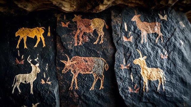 Acoma cave painting of animals and birds on a dark, textured rock surface.