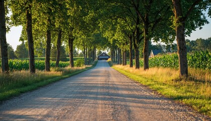 Straight gravel road lined with tall trees leads toward a distant structure amidst cultivated fields