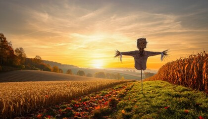 Scarecrow stands guard over golden fields during a vibrant sunrise or sunset
