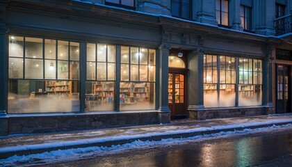 Illuminated storefront of a quaint shop featuring rows of books viewed from a snowy street at dusk