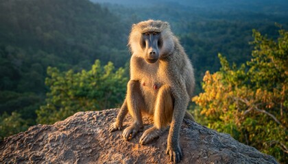 Mature primate sits perched atop a sunlit rock formation overlooking a dense forest canopy