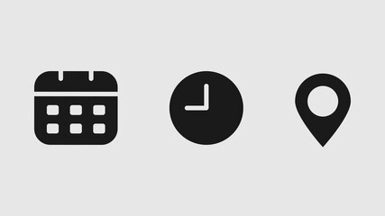 Animated time, date, and location icons appearing in sequence. Minimal flat motion design symbolizing event details, schedule, meeting, or appointment. - Powered by Adobe