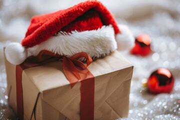 Christmas gift box with santa hat and decorations