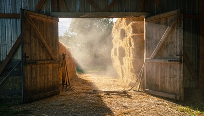 Sunlight streams through wide open wooden barn doors revealing stacks of hay bales inside