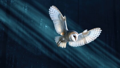 Elegant white owl soars through dark forest shafts of light