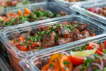Obraz premium Variety of fresh meal prep containers with vegetables and meat