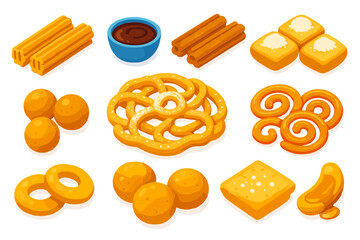 Sweet Treats Collection. Isometric vector illustration set sweet treats collection: churros, chocolate dipping sauce, cinnamon