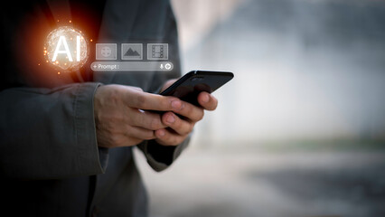 Businessman interacting with AI prompt interface, symbolizing generative artificial intelligence, prompt engineering, content creation by AI, machine learning tools, and digital automation future.