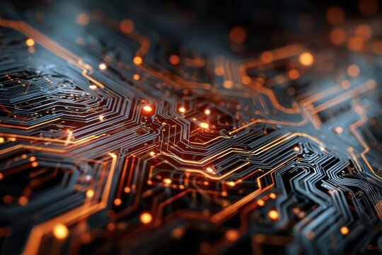 Electric circuit board on dark background with glowing orange and gold lines forming dynamic patterns, showcasing advanced technology and electronics in a striking visual design