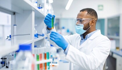 Scientist in lab coat examines a test tube with green liquid carefully.