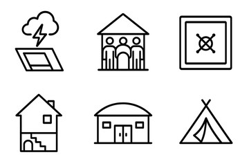 Obraz premium Shelter Icons. Line style icons of shelter and safe zones: storm shelter icon, community center refuge, indoor safe room, basement
