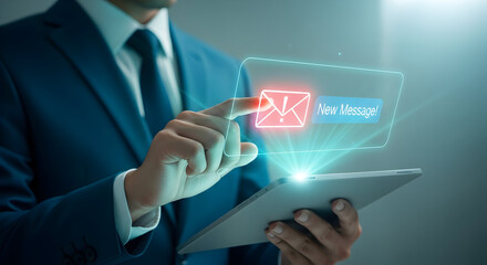 Professional interacting with a holographic display, receiving a new message notification, symbolizing digital communication, important alert, and modern business connectivity