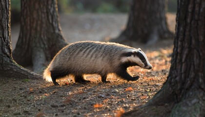Solitary wild mammal walks among sunlit tree trunks in a woodland setting