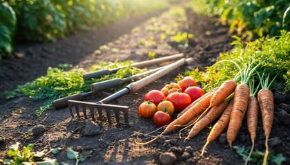 Freshly harvested root vegetables and ripe produce lie beside gardening tools on dark soil under bright sunlight.