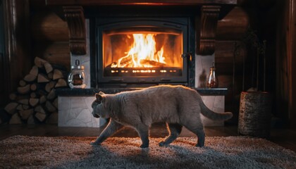Domestic feline walks across a thick rug near a blazing enclosed fireplace in a wooden interior