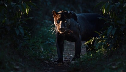 Nocturnal black panther illuminates jungle path with intense gaze under dark foliage