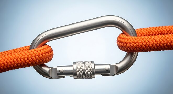 Carabiner and orange rope safety and security equipment extreme close up