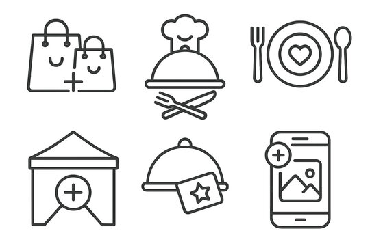Collaborative Event Icons. Line style icons of collaborations and takeovers: co-branded launch icon, kitchen takeover event,