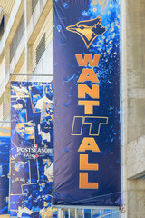 Fototapeta premium Toronto Blue Jays MLB baseball team banners for the 2025 postseason, Toronto, Canada