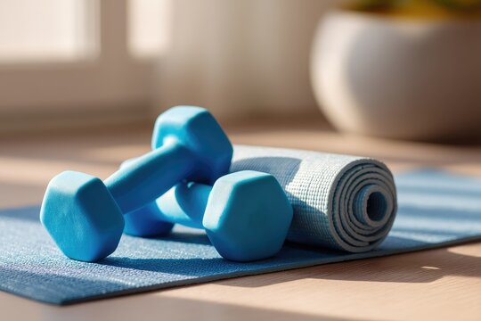 Blue dumbbells and rolled yoga mat on sunlight wooden floor, ideal for fitness promotions, workout concepts, and healthy lifestyle marketing materials - Powered by Adobe
