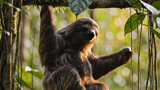 A majestic brown throated sloth with remarkable three toed grasping ability hangs effortlessly from a sturdy tree branch in the lush jungle, capturing the tranquil essence of slowing down and.