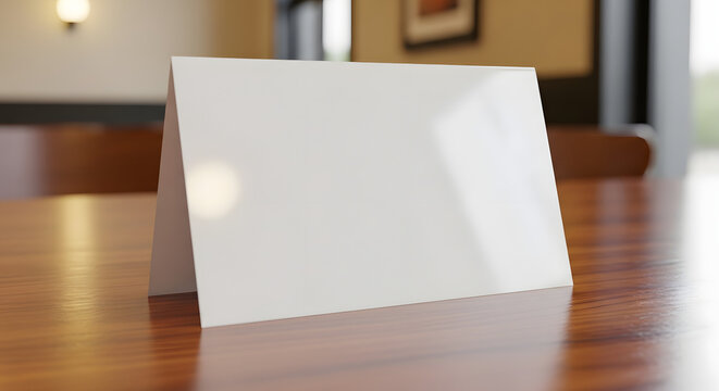 Blank White Tent Card Mockup on Wooden Table for Event Information Display or Menus