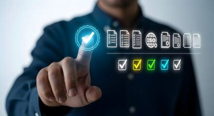 Businessman touching a digital screen with icons of checkmarks and documents representing quality assurance and compliance