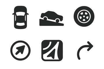Vehicle Icon Graphic. Solid style icons of vehicle position graphics: top-down car glyph, slope overlay icon, wheel badge. Road