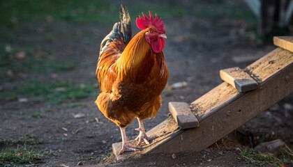 Majestic rooster stands confidently near a rustic wooden ramp in soft natural light