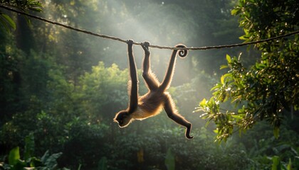 Slender primate navigates across a suspended vine high above the dense jungle floor with backlit sunbeams