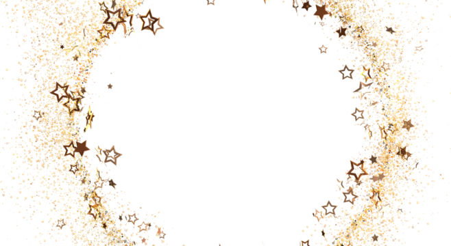 Sparkling golden stars and confetti against a clean white backdrop for festive designs, perfect for holiday themes and luxurious visuals.