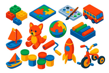 Obraz premium Creative Kids Playtime. Isometric vector illustration set Creative Kids and Play: building blocks, puzzle board, paint set, toy
